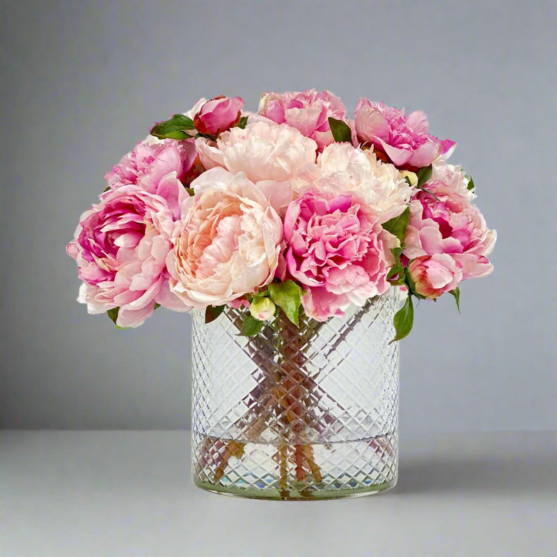Faux Peony Arrangement in Cut Glass 15'' - BlueJay Avenue