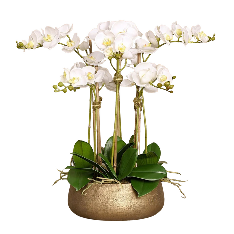 Artificial White Orchid Flower Arrangement in Gold Planter