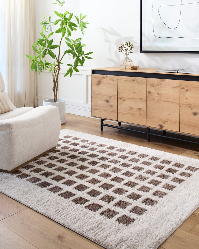 Fossay Brown Washable Checkered Shag Rug - BlueJay Avenue