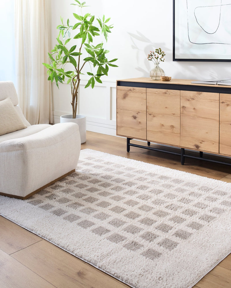 Fossay Light Grey Washable Checkered Shag Rug - BlueJay Avenue