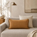 Fringe Suede Leather Lumbar Pillow, Camel, 12 x 22 - BlueJay Avenue