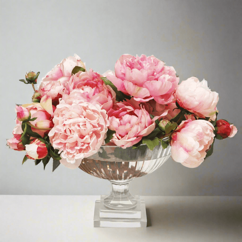 Mix Peony Silk Flower Arrangement In Med Stripe Cut Bowl - BlueJay Avenue