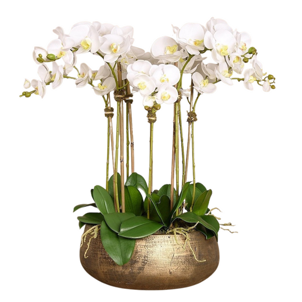 Artificial White Orchid Flower Arrangement in Gold Planter