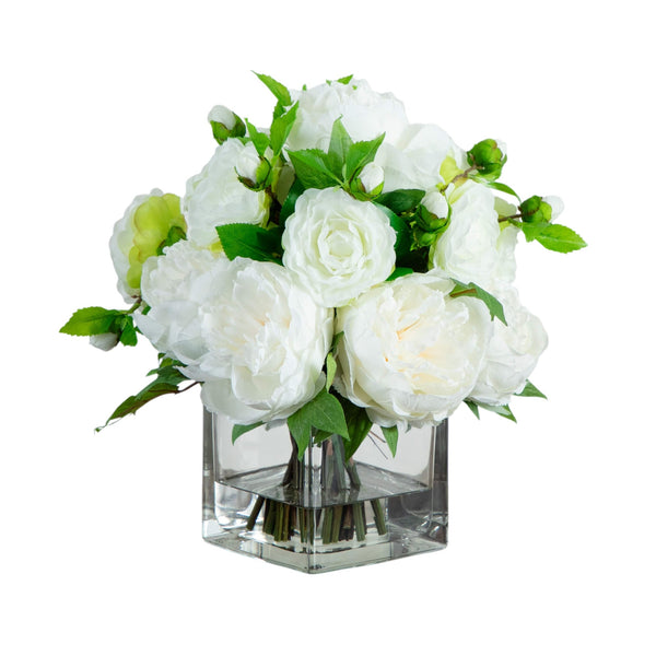 Peony and Camellia Artificial Flower Arrangement in Glass Vase 13" - BlueJay Avenue