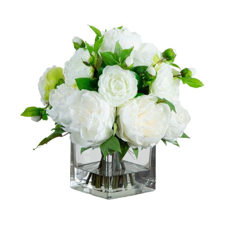 Peony and Camellia Artificial Flower Arrangement in Glass Vase 13" - BlueJay Avenue