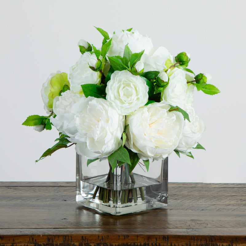 Peony and Camellia Artificial Flower Arrangement in Glass Vase 13" - BlueJay Avenue