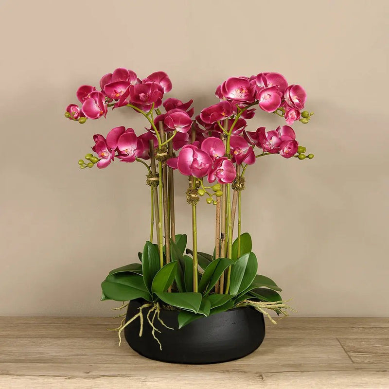 Pink Artificial Orchid Flower Arrangement in Black Planter - BlueJay Avenue