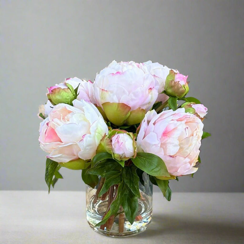 Pink Artificial Peony Flower Arrangement in Tall Glass Vase - 10" - BlueJay Avenue