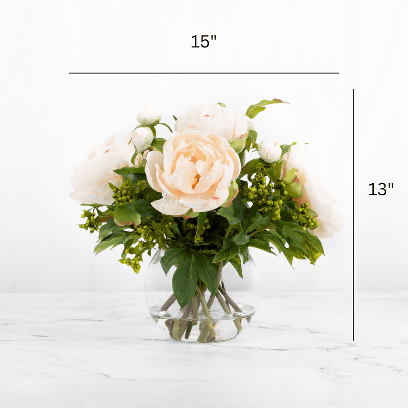 Pink Peony with Berries Artificial Flower in Round Glass Vase, 13" - BlueJay Avenue