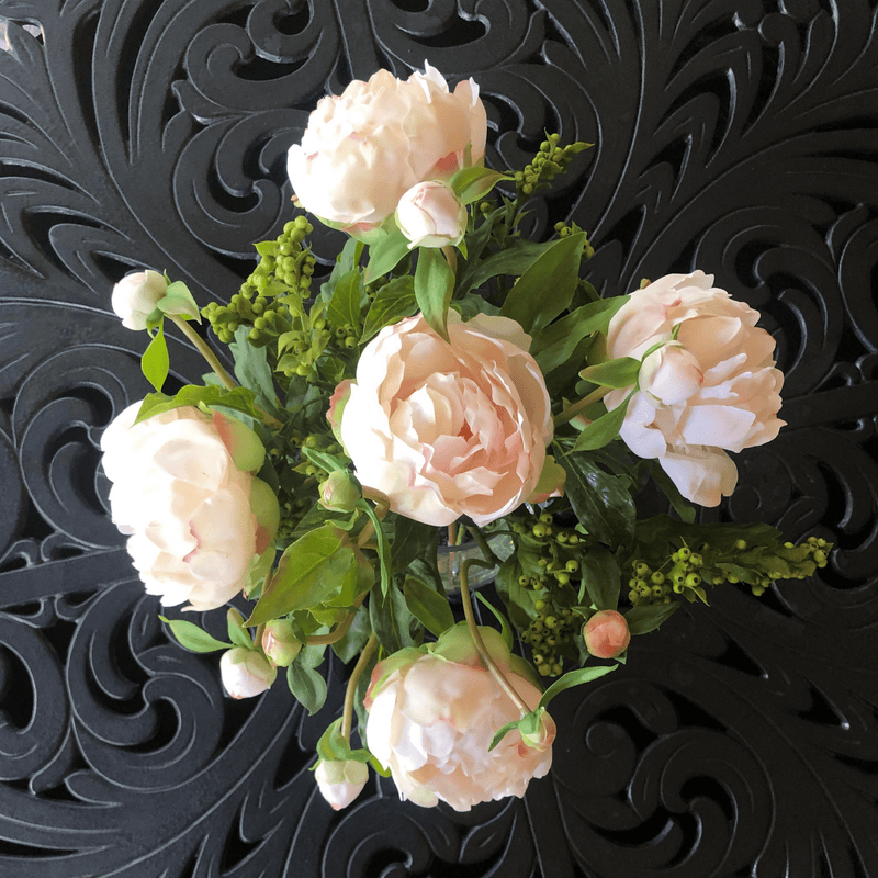 Pink Peony with Berries Artificial Flower in Round Glass Vase, 13" - BlueJay Avenue