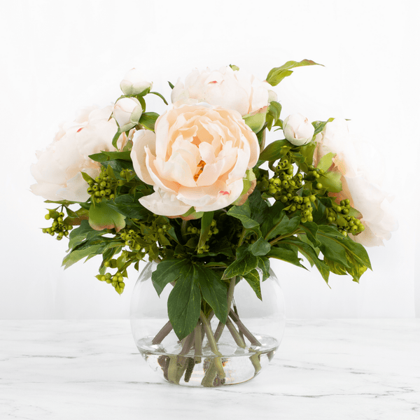 Pink Peony with Berries Artificial Flower in Round Glass Vase, 13" - BlueJay Avenue