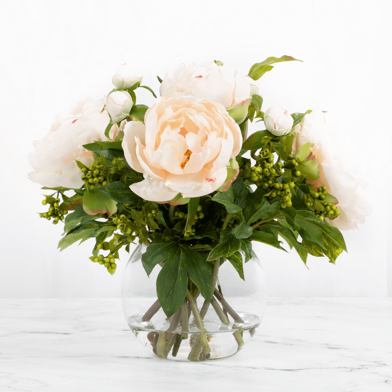 Pink Peony with Berries Artificial Flower in Round Glass Vase, 13" - BlueJay Avenue