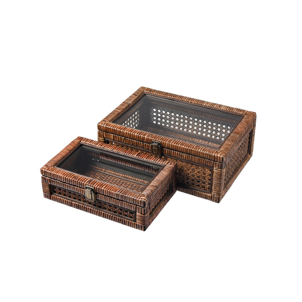 Bowman Set of 2 Rich Brown Rattan Storage Box - BlueJay Avenue