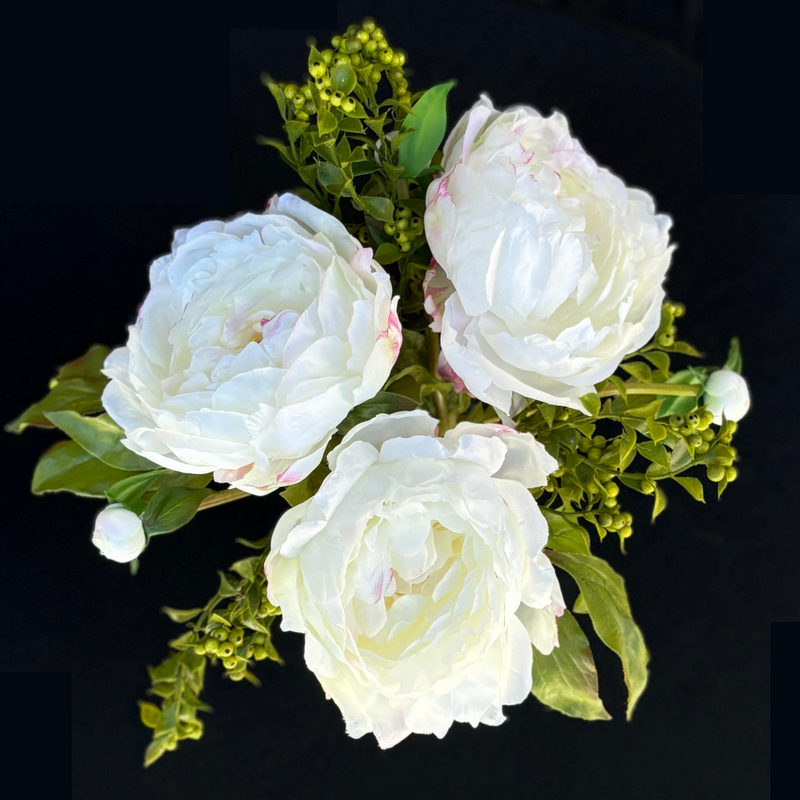 White Peony with Berries Artificial Flower in Tall Glass Vase, 10" - BlueJay Avenue