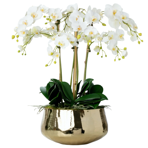 Artificial White Orchid Flower Arrangement in Gold Pot 26"