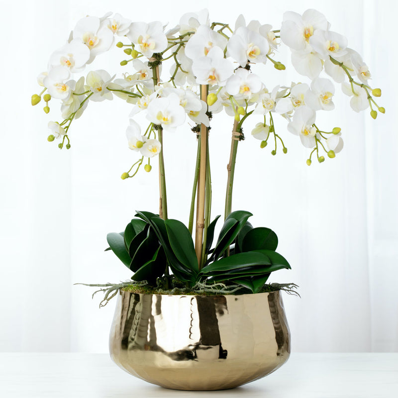 Artificial White Orchid Flower Arrangement in Gold Pot 26"