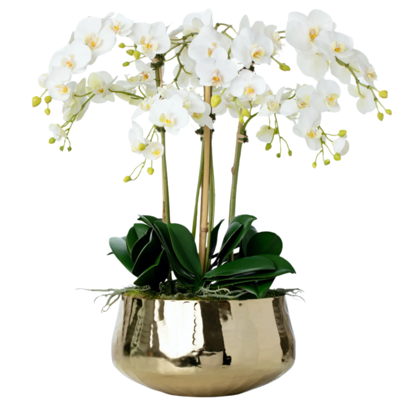 Artificial White Orchid Flower Arrangement in Gold Pot 26"