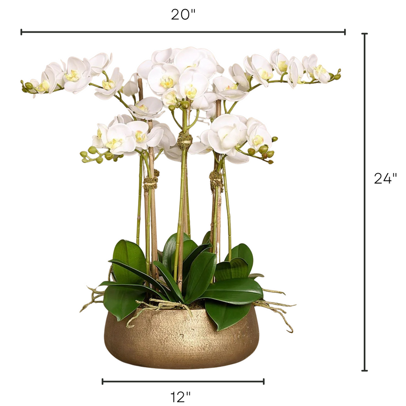 Artificial White Orchid Flower Arrangement in Gold Planter