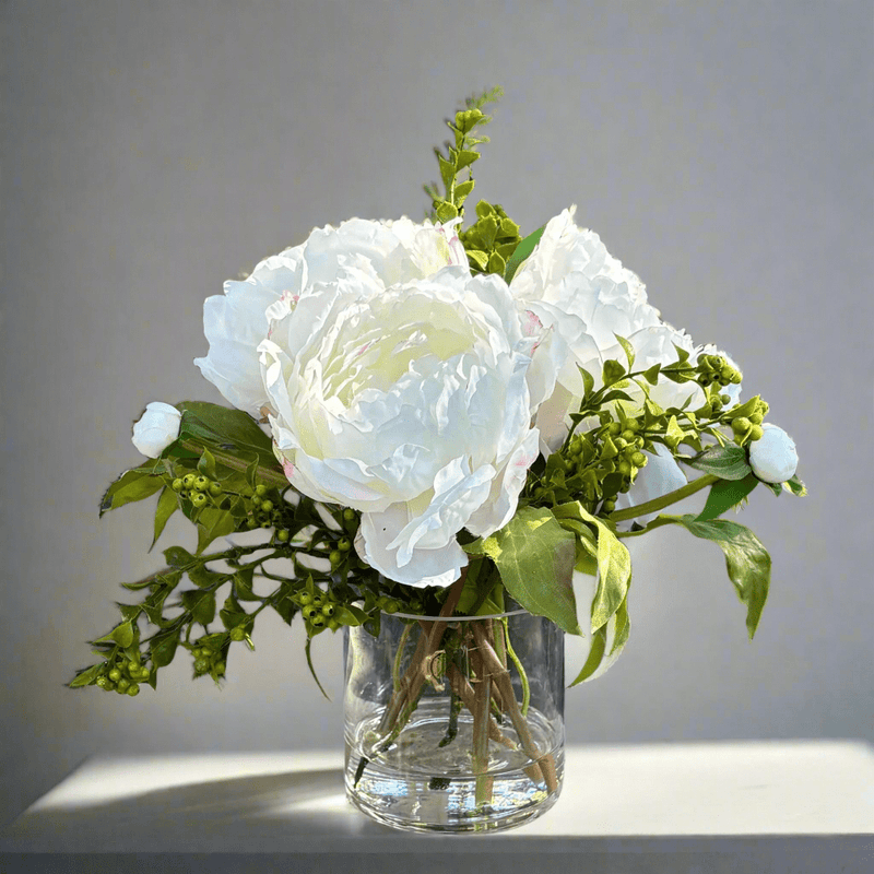 White Peony with Berries Artificial Flower in Tall Glass Vase, 10" - BlueJay Avenue