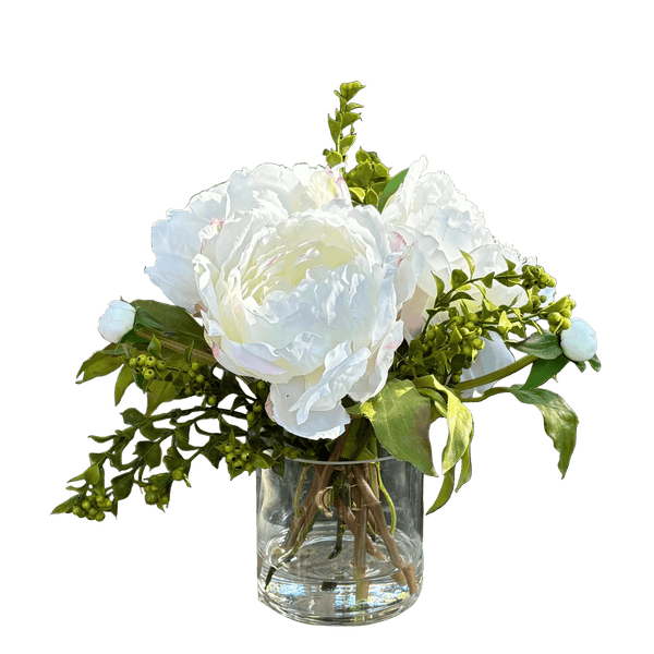 White Peony with Berries Artificial Flower in Tall Glass Vase, 10" - BlueJay Avenue