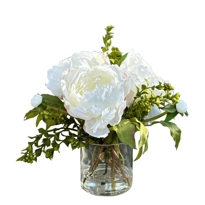 White Peony with Berries Artificial Flower in Tall Glass Vase, 10" - BlueJay Avenue