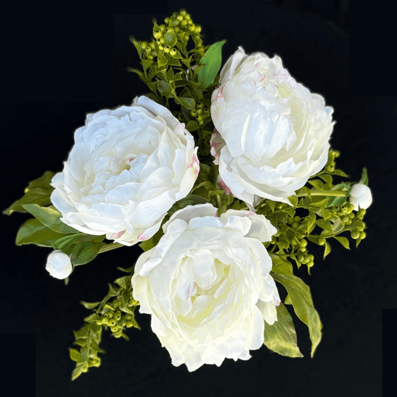 White Peony with Berries Artificial Flower in Tall Glass Vase, 10" - BlueJay Avenue
