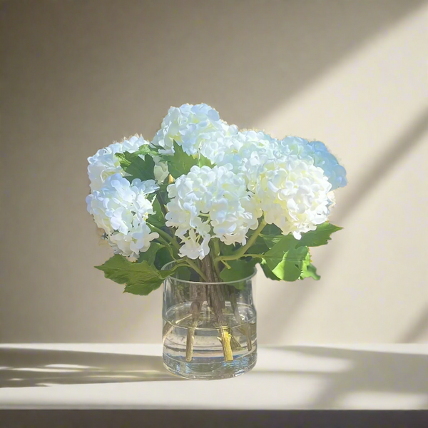 White Hydrangea Artificial Flower Arrangement in Glass Vase - 8 in