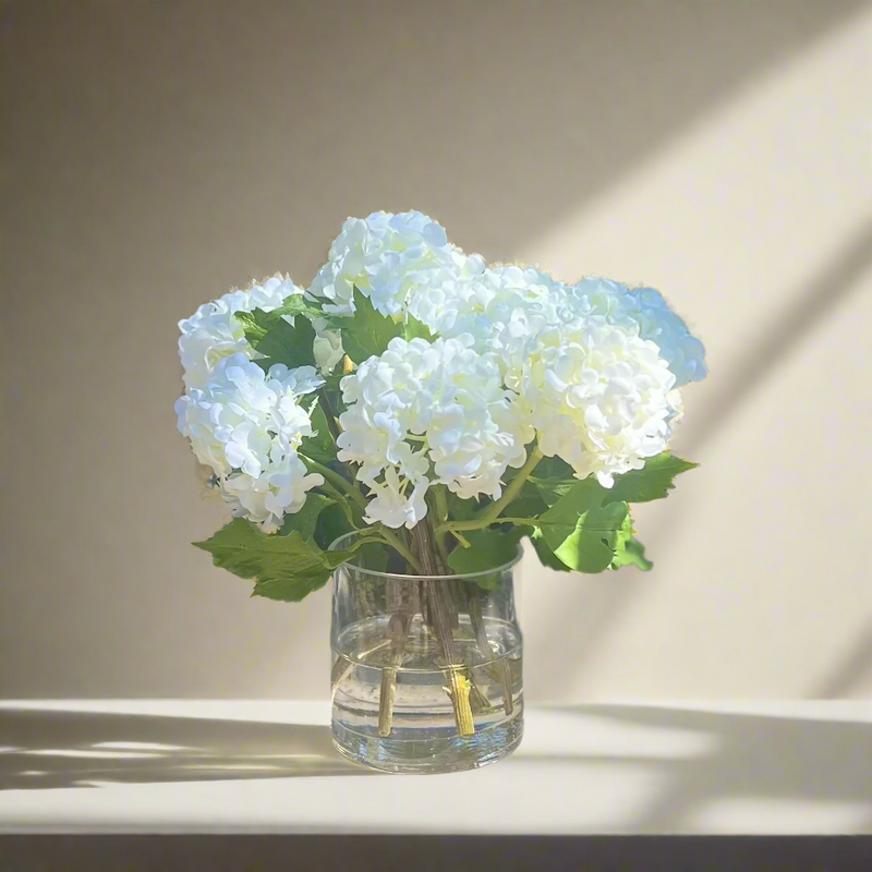 White Hydrangea Artificial Flower Arrangement in Glass Vase - 8 in