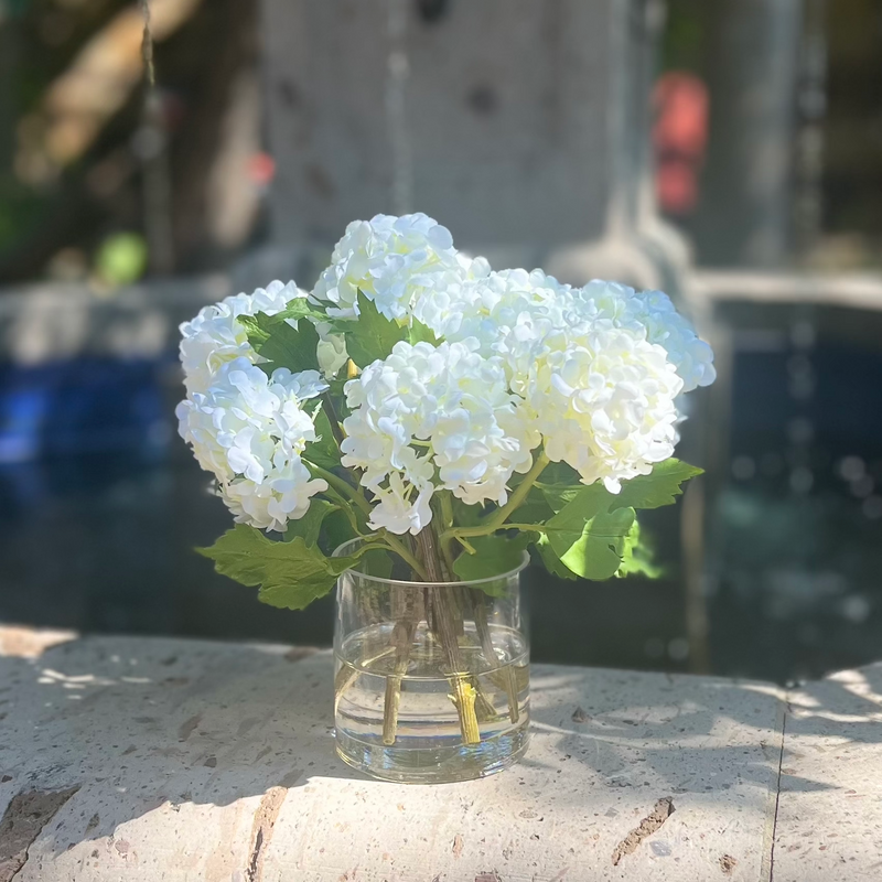 White Hydrangea Artificial Flower Arrangement in Glass Vase - 8 in