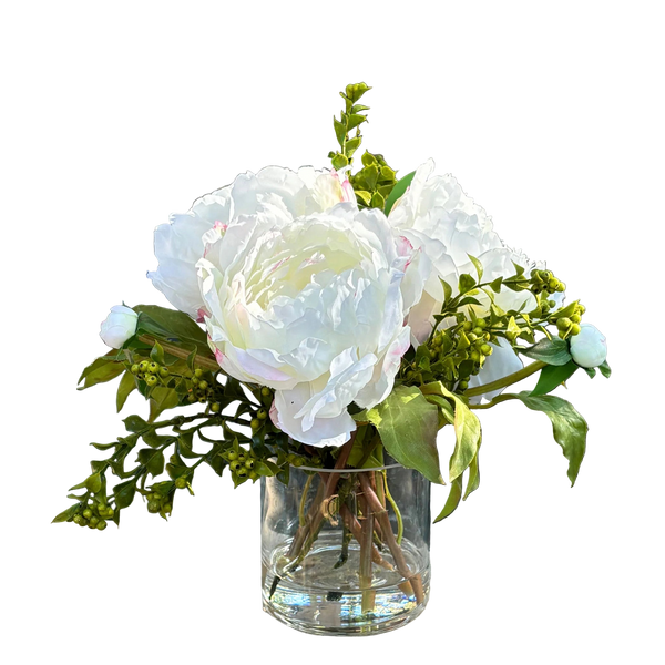White Peony with Berries Artificial Flower in Tall Glass Vase, 10" - BlueJay Avenue