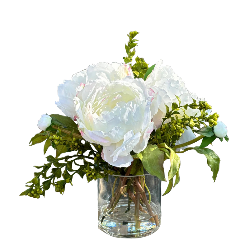 White Peony with Berries Artificial Flower in Tall Glass Vase, 10" - BlueJay Avenue