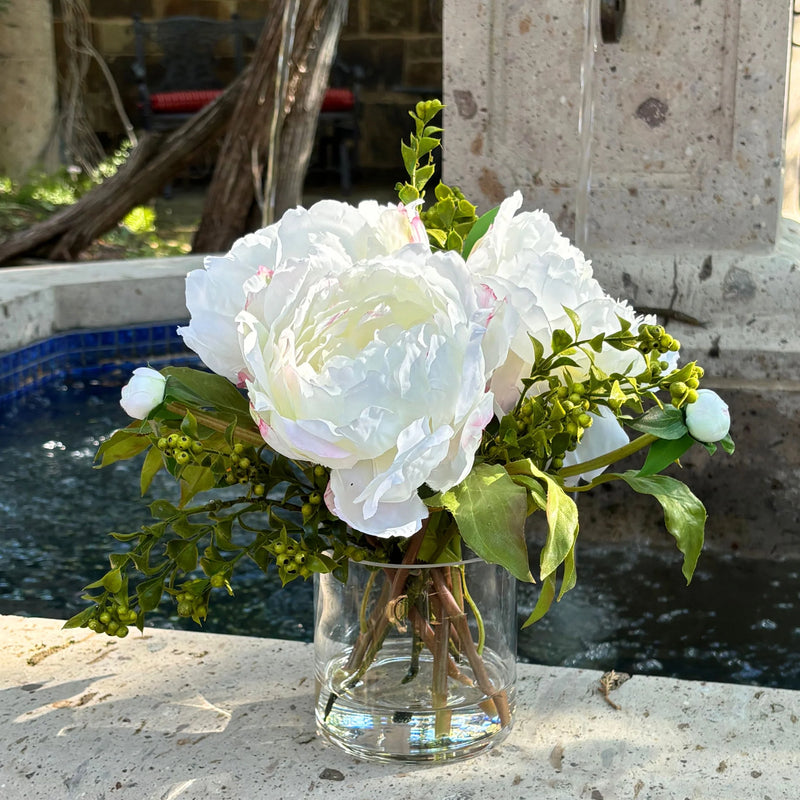 White Peony with Berries Artificial Flower in Tall Glass Vase, 10" - BlueJay Avenue