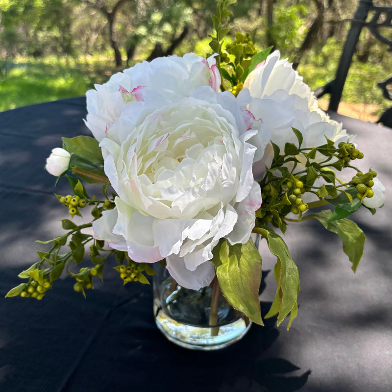White Peony with Berries Artificial Flower in Tall Glass Vase, 10" - BlueJay Avenue