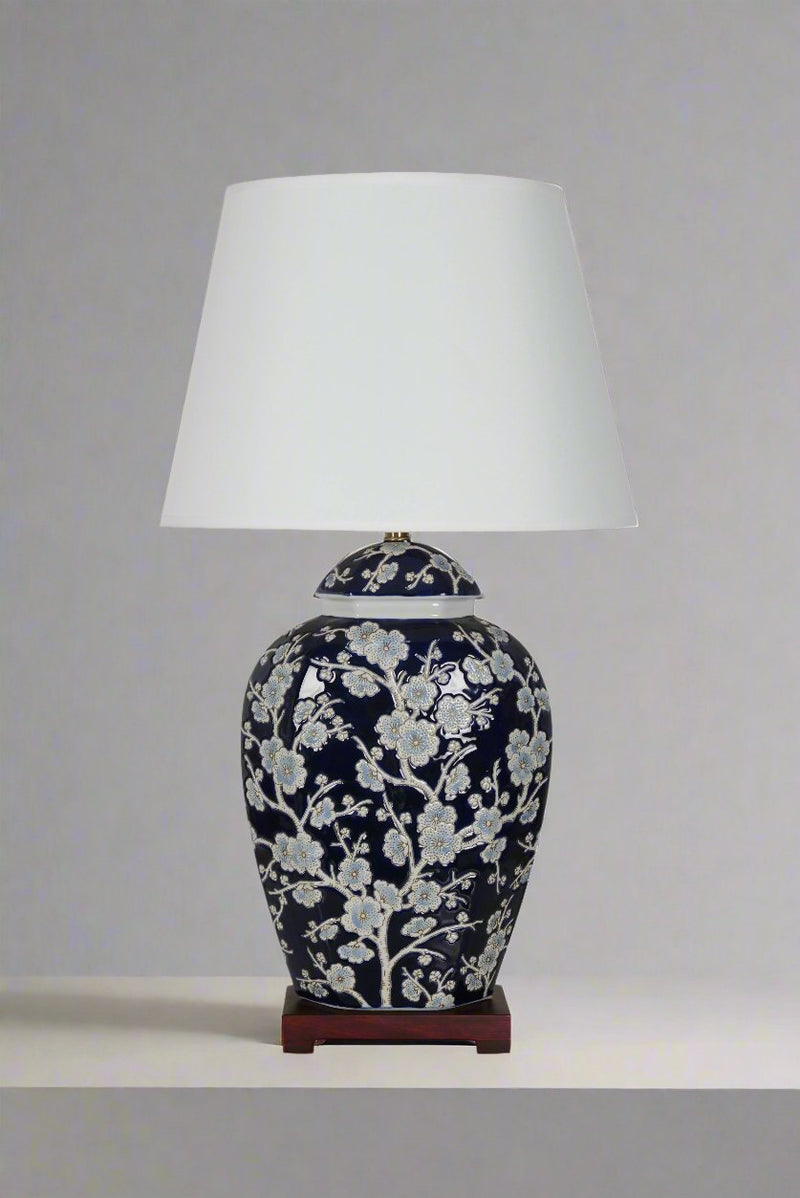 Winward Blue Ginger Jar Lamp With Wooden Base - BlueJay Avenue