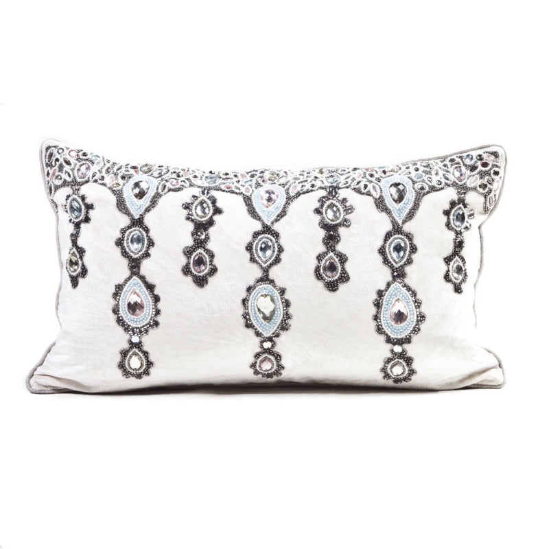 Anila Bead and Zardosi Embroidered Velvet Pillow Cover with Insert, Ivory - BlueJay Avenue
