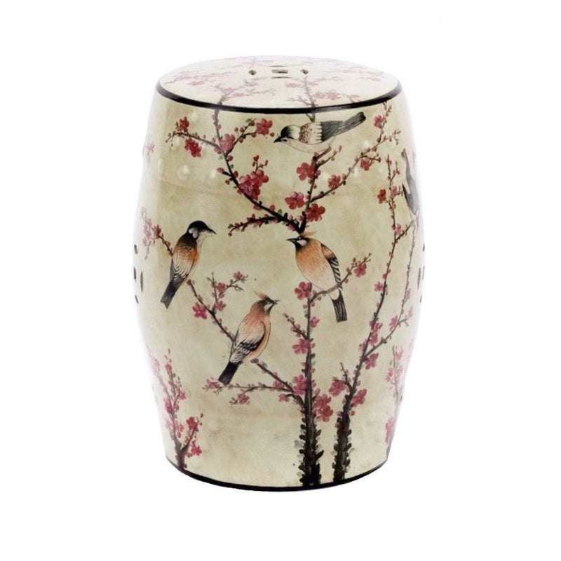 Beige Famille Rose Garden Stool with Magpie Cherry Motif - BlueJay Avenue
