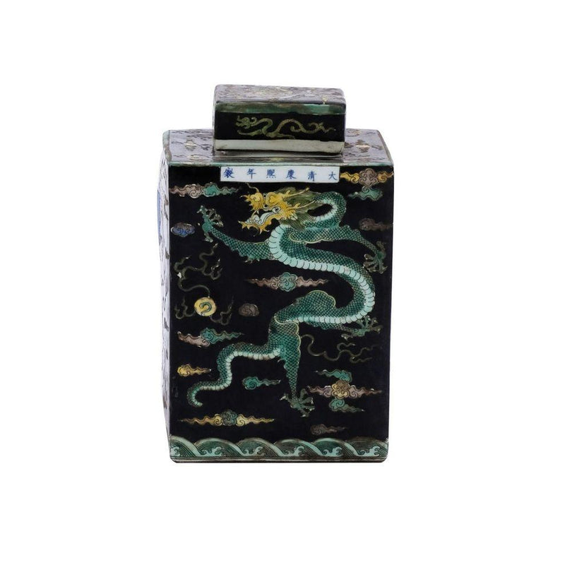 Black Square Tea Jar Dragon Motif - BlueJay Avenue
