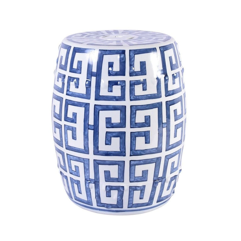 Blue and White Greek Key Garden Stool - BlueJay Avenue