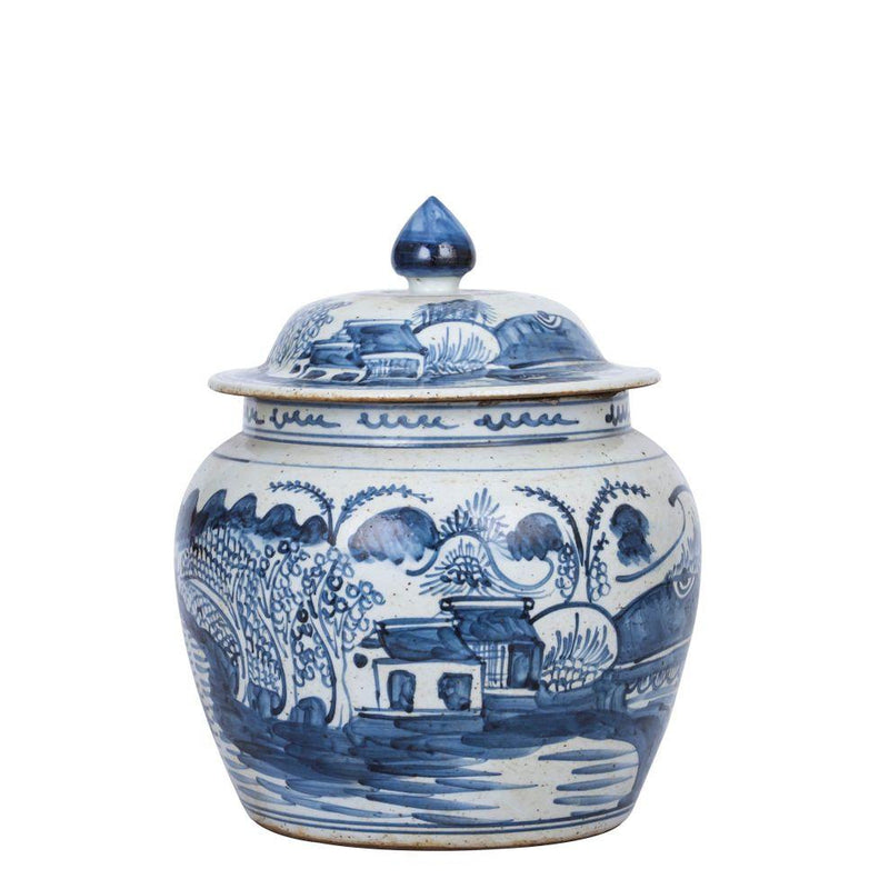 Blue And White Landscape Lidded Jar - BlueJay Avenue