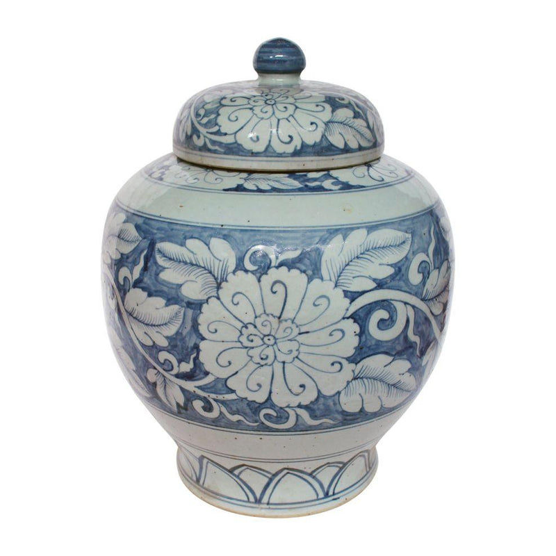 Blue And White Lidded Peony Jar - BlueJay Avenue