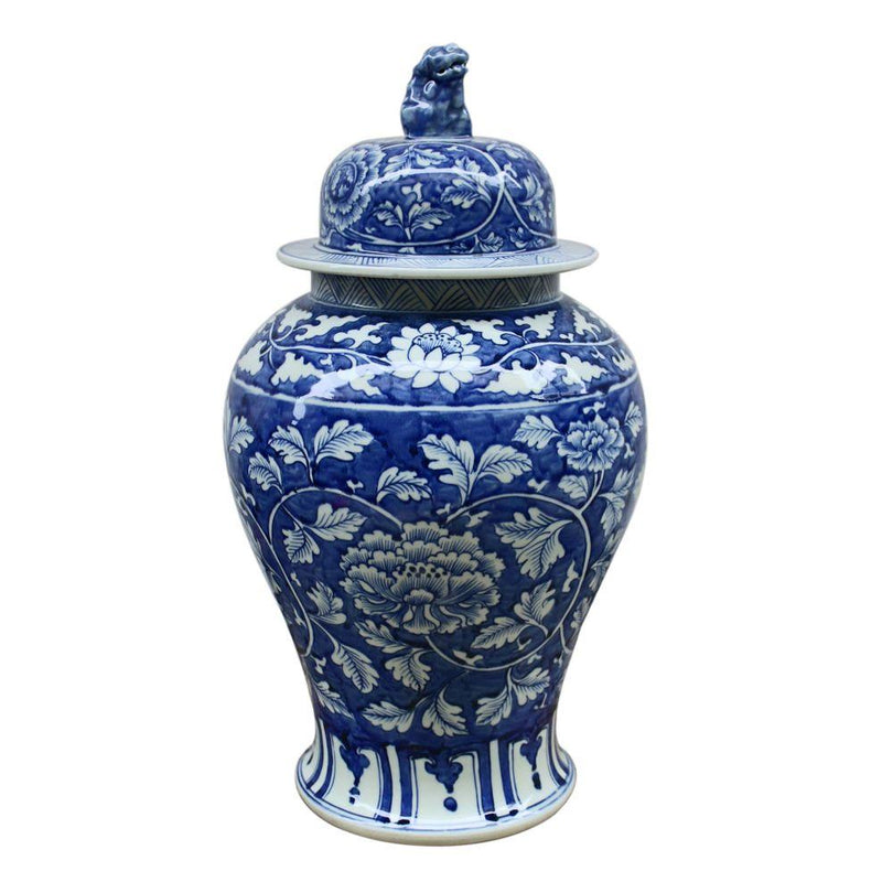 Blue And White Peony Templar Jar Foo Dog Lid - BlueJay Avenue