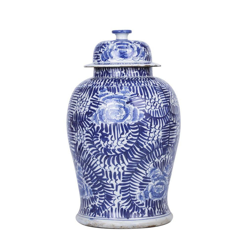 Blue And White Peony Vine Temple Jar - BlueJay Avenue