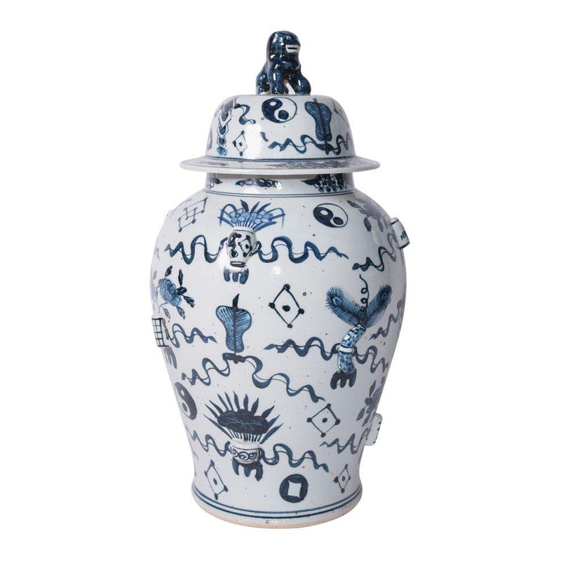 Blue And White Porcelain Antique Symbol Temple Jar - BlueJay Avenue