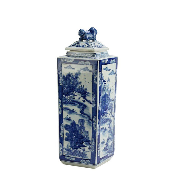 Blue And White Tall Square Jar Landscape - BlueJay Avenue