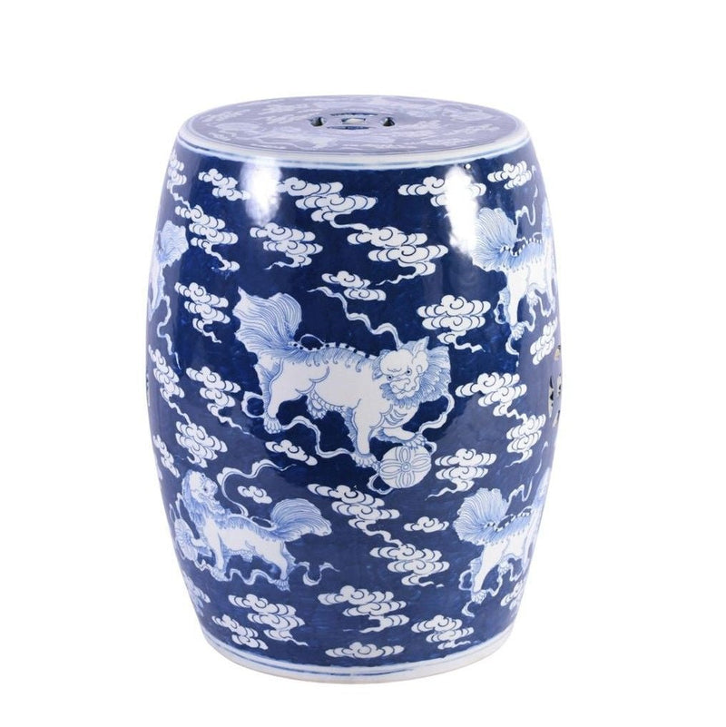 Blue Porcelain Garden Stool With White Lion Motif - BlueJay Avenue