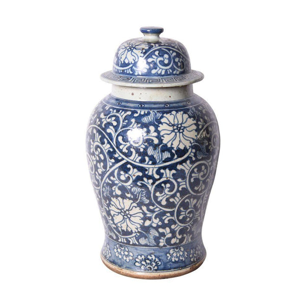 Blue & White Dynasty Curly Vine & Flower Porcelain Temple Jar - BlueJay Avenue