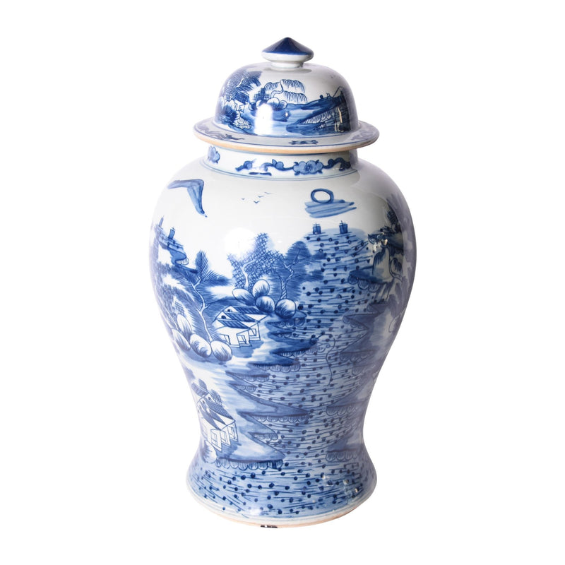 B&W Porcelain Temple Jar Landscape Motif - BlueJay Avenue