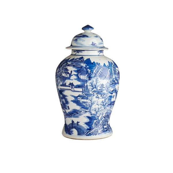 B&W Porcelain Temple Jar Mountain Village Scene - BlueJay Avenue