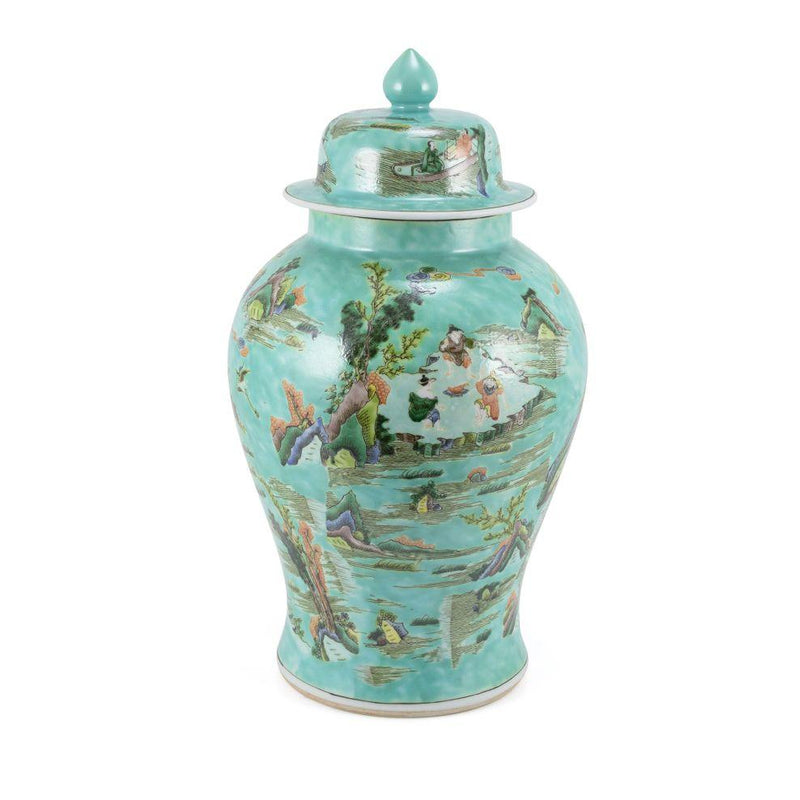 Chinoiserie Green Landscape Temple Jar - BlueJay Avenue