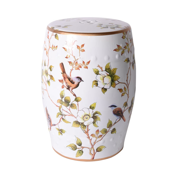 Cream White Accent Stool With Flower and Birds - BlueJay Avenue